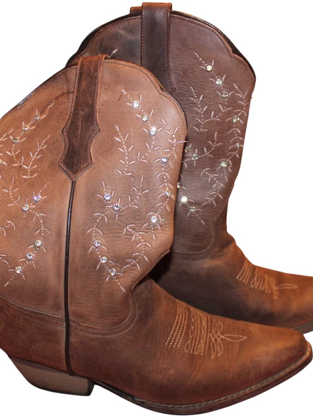 Sterling River Distressed Brown Leather Rhinestone & Embroidered Cowgirl Boots 9